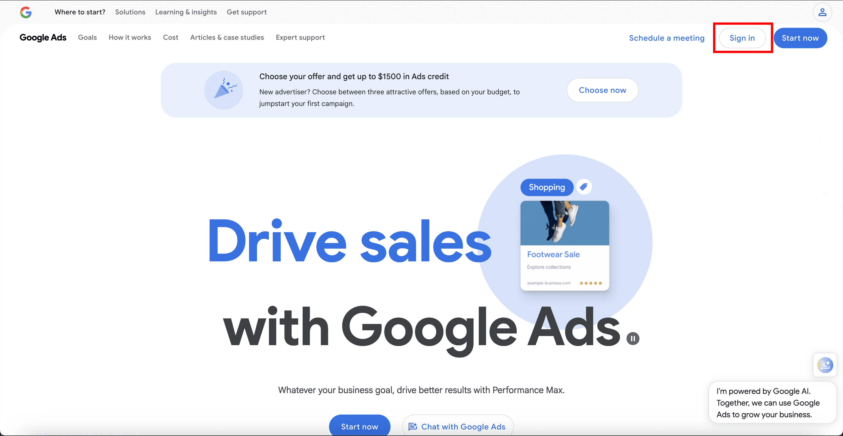 Google Ads homepage with 'Sign In' button highlighted