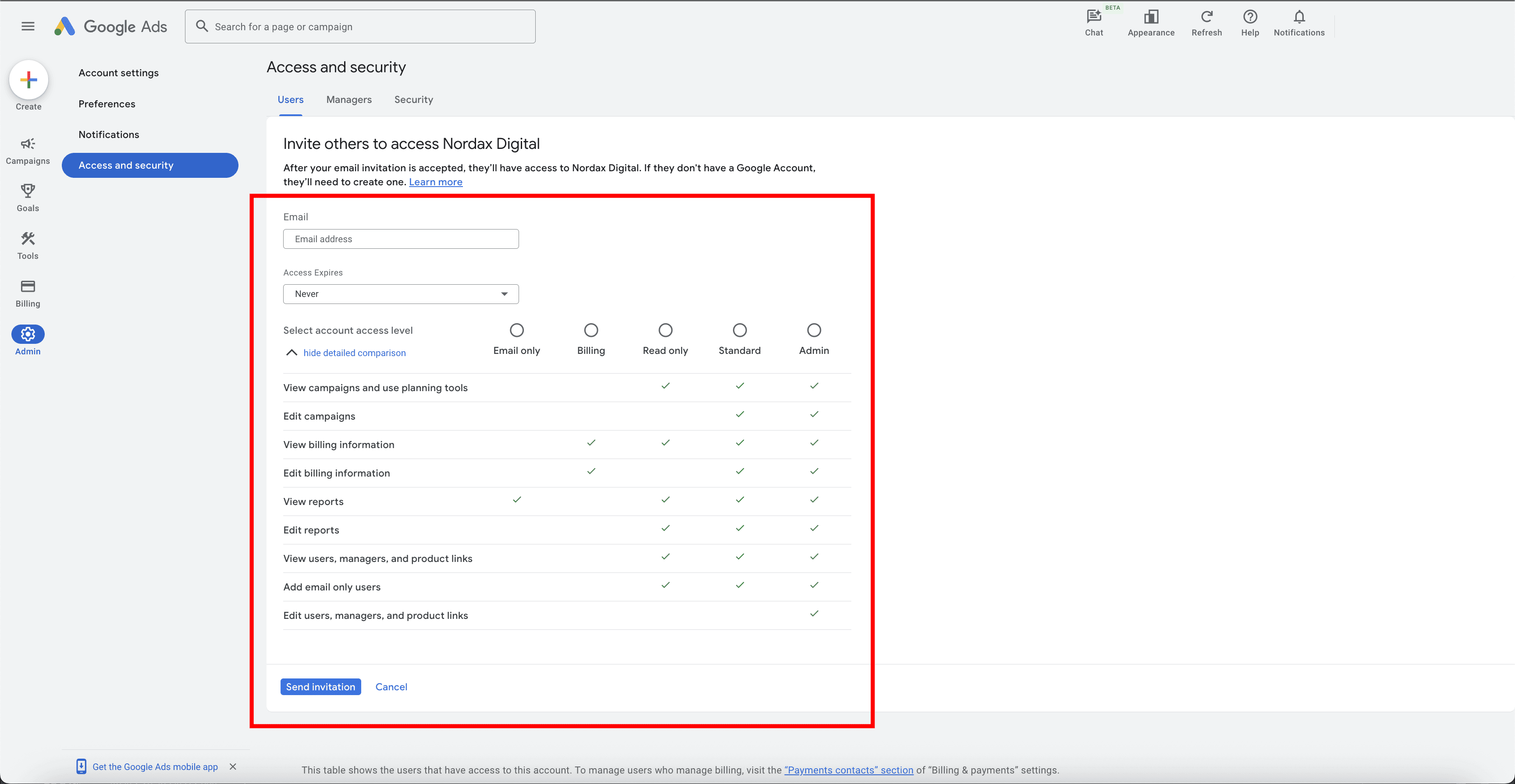 Form showing email input and permission levels