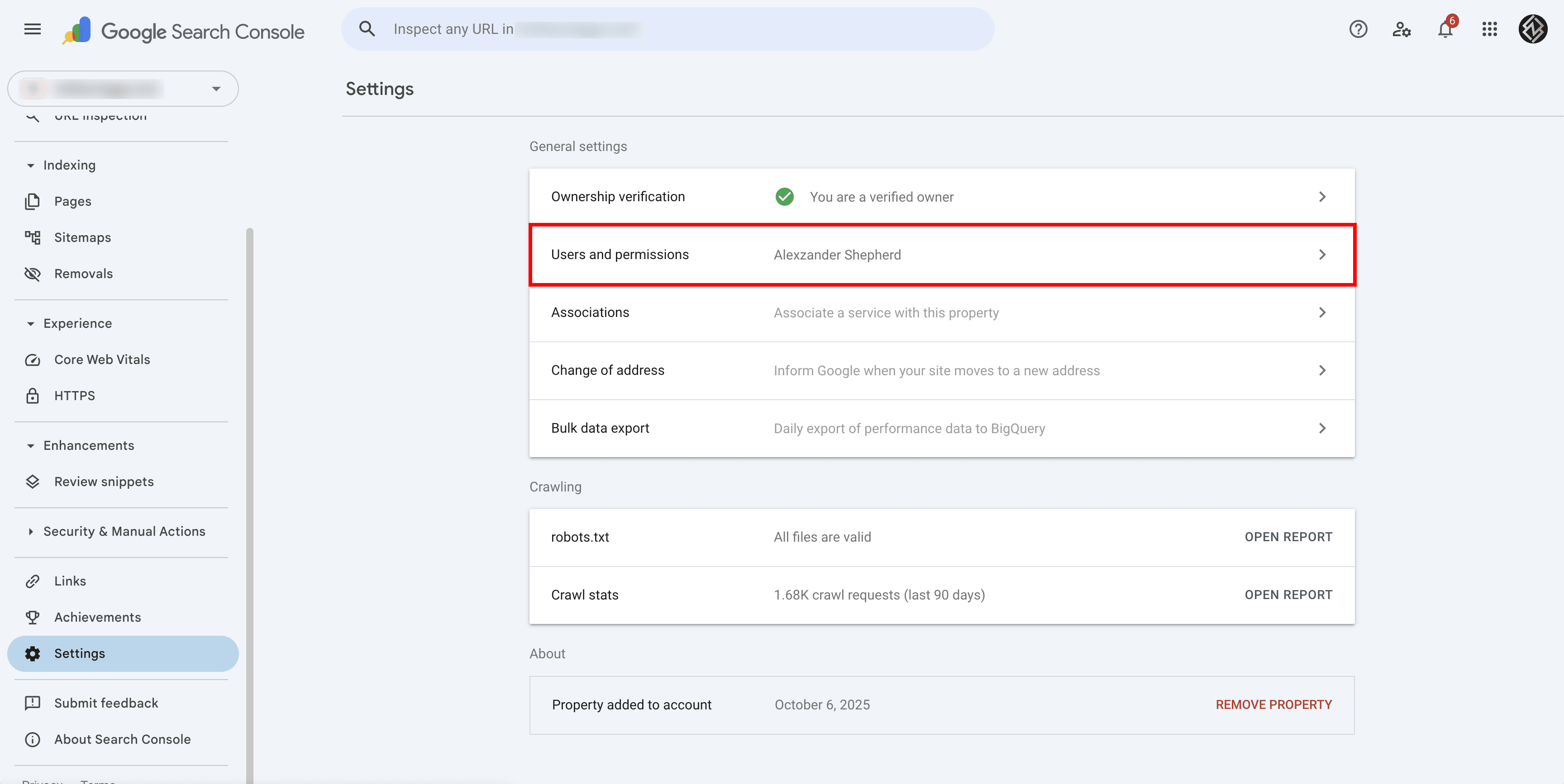 Google Search Console – Users and Permissions