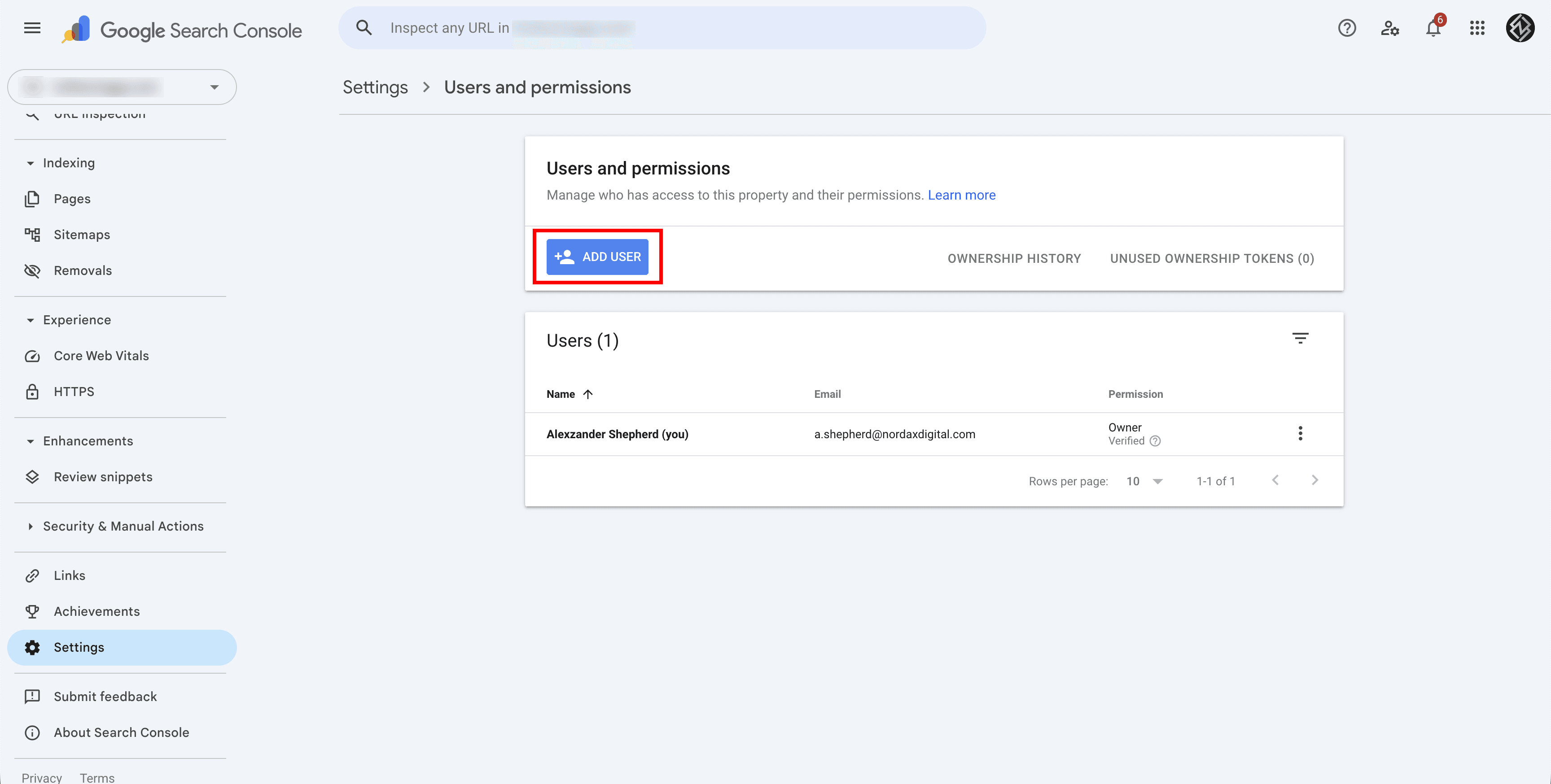 Google Search Console – Add User dialog