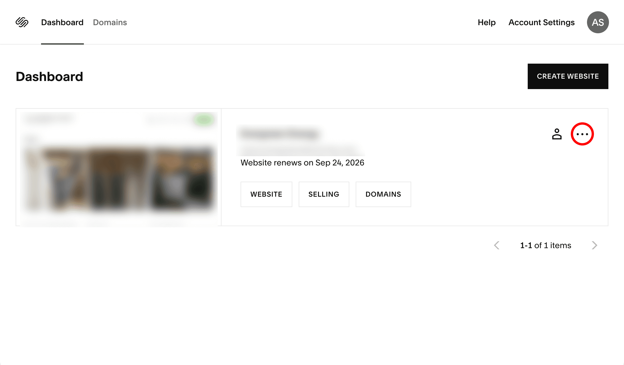 Squarespace Dashboard — click the three-dot menu on your site
