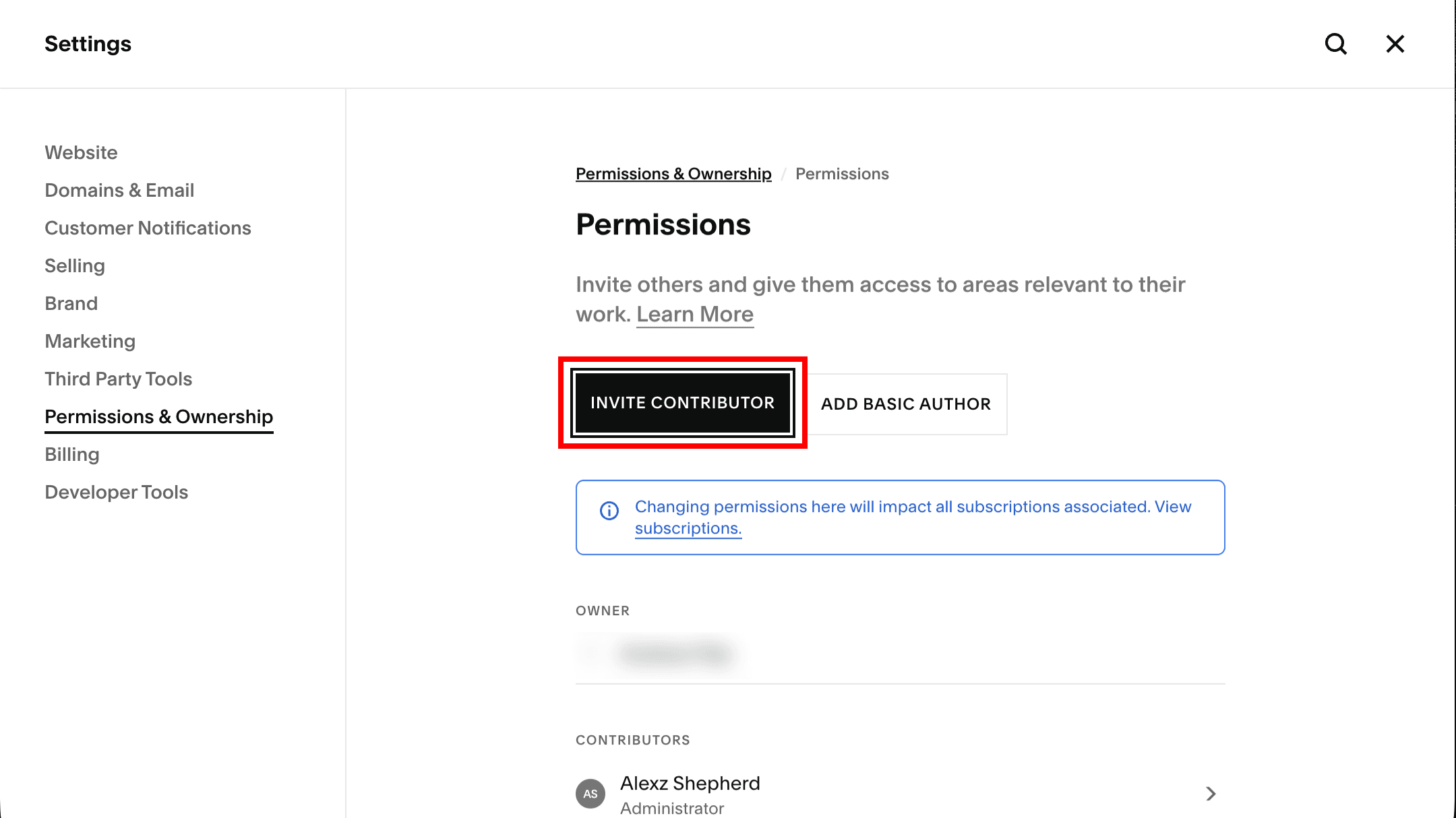 Permissions page — click Invite Contributor