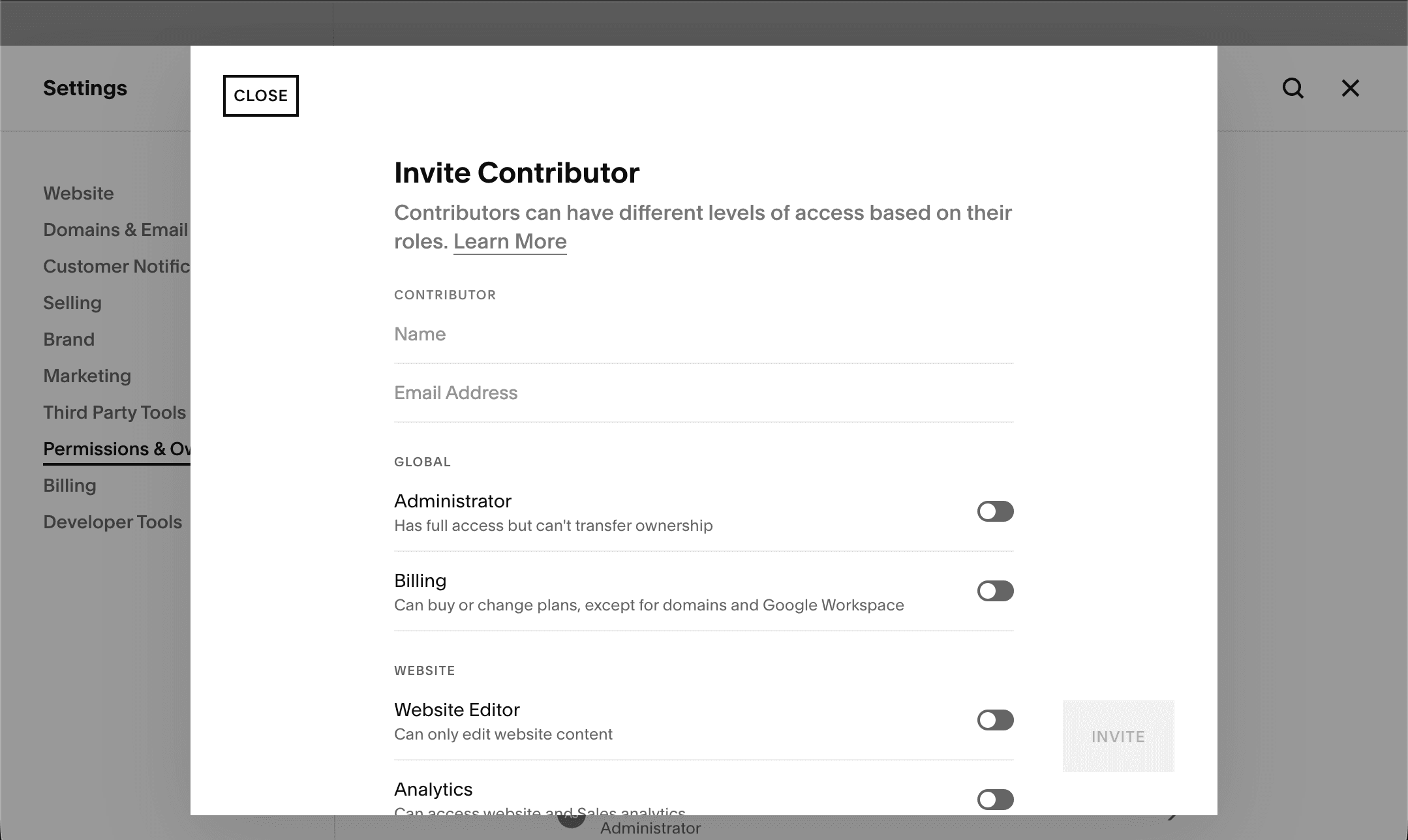 Invite Contributor form — enter name, email, and select role