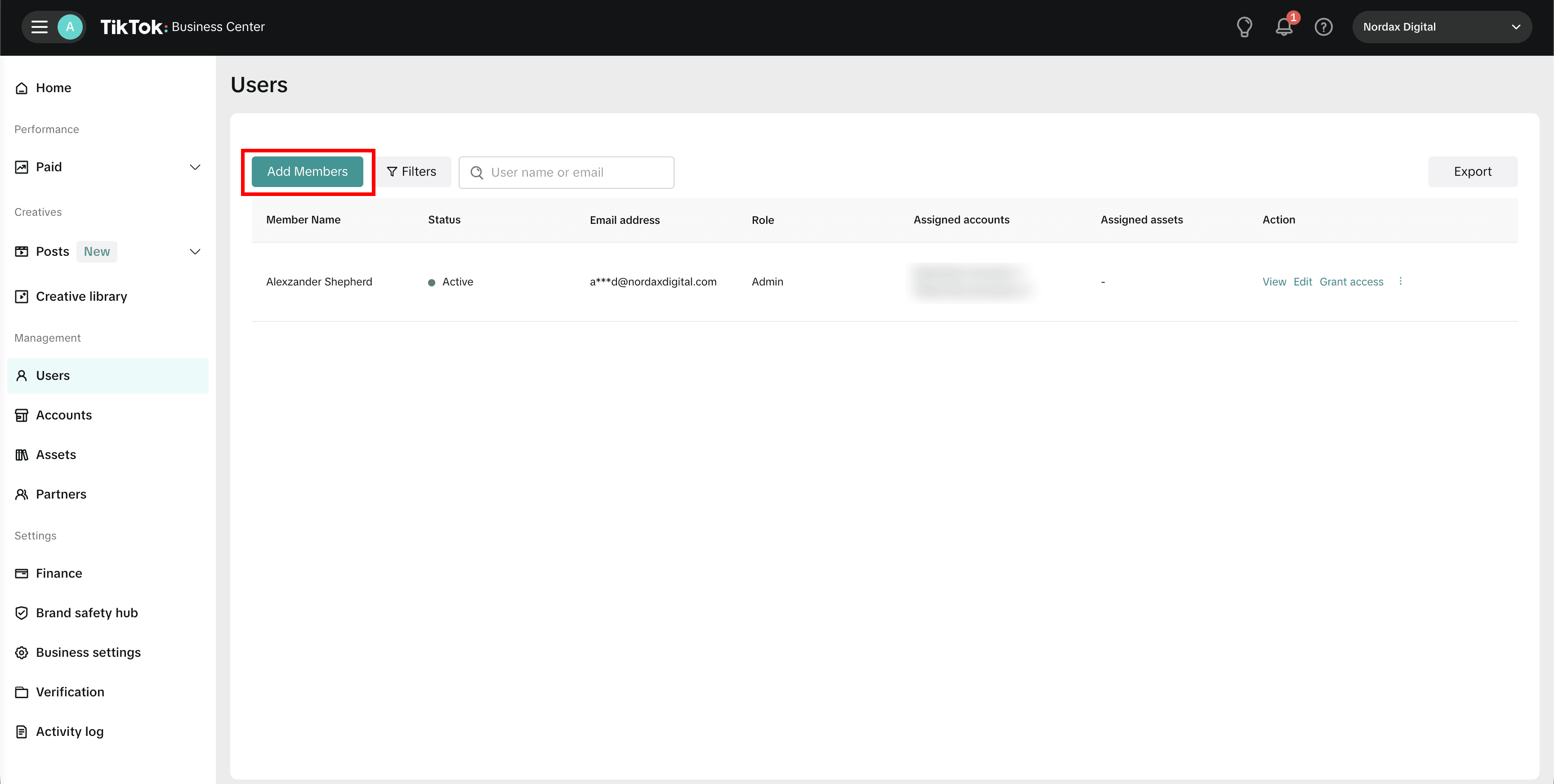 TikTok Business Center – Users page with Add Members button