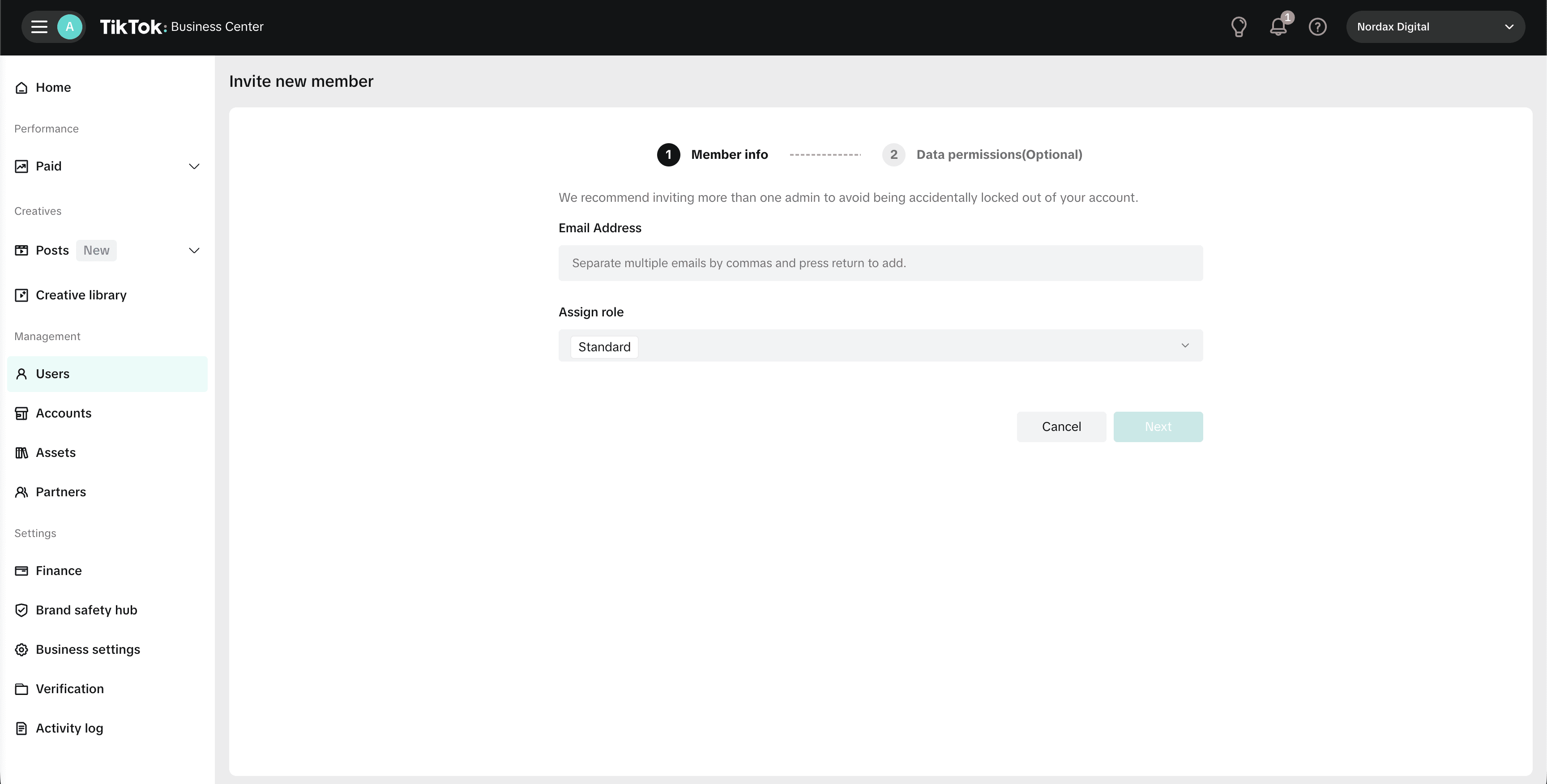 TikTok Business Center – Invite new member form