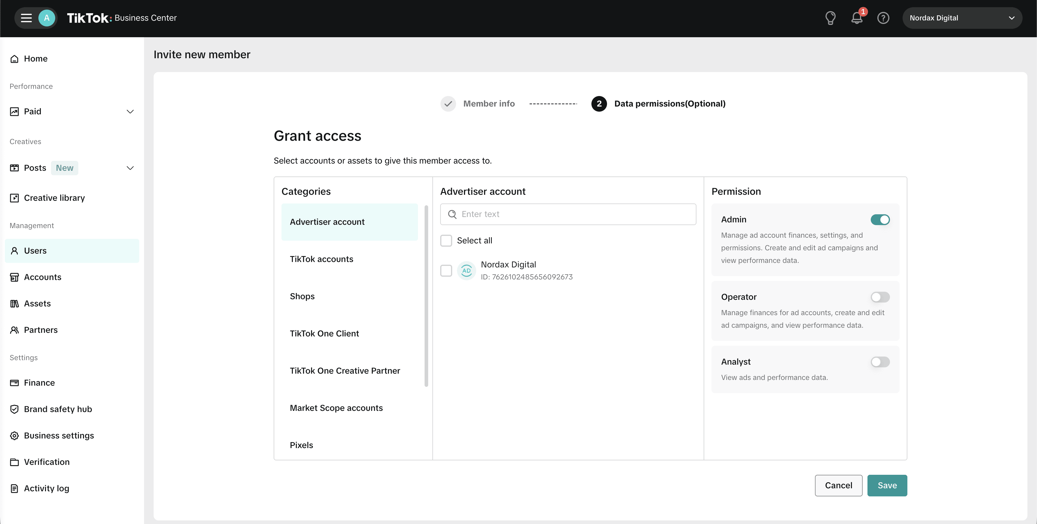 TikTok Business Center – Grant access and data permissions