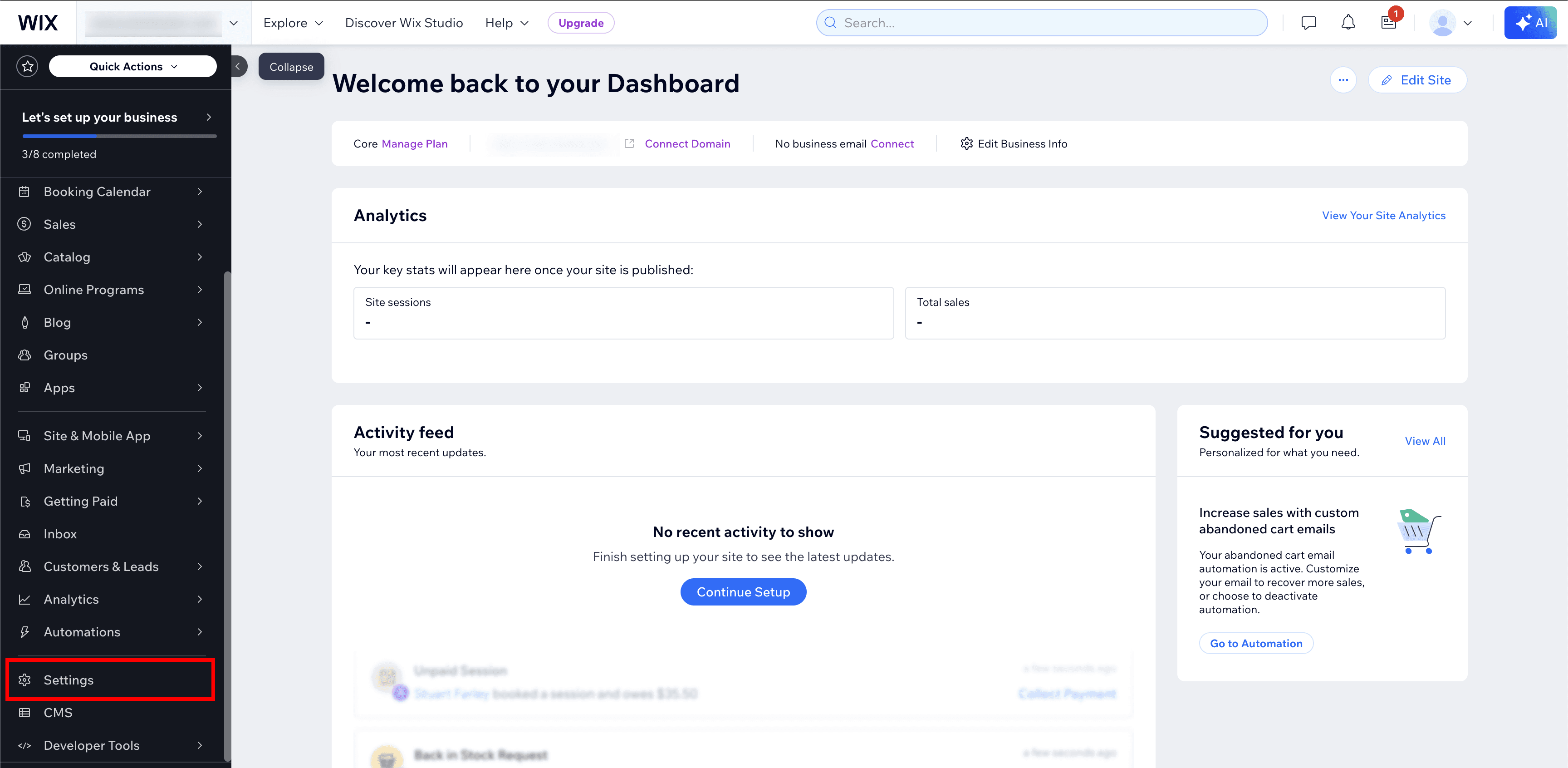 Click Settings in the left sidebar