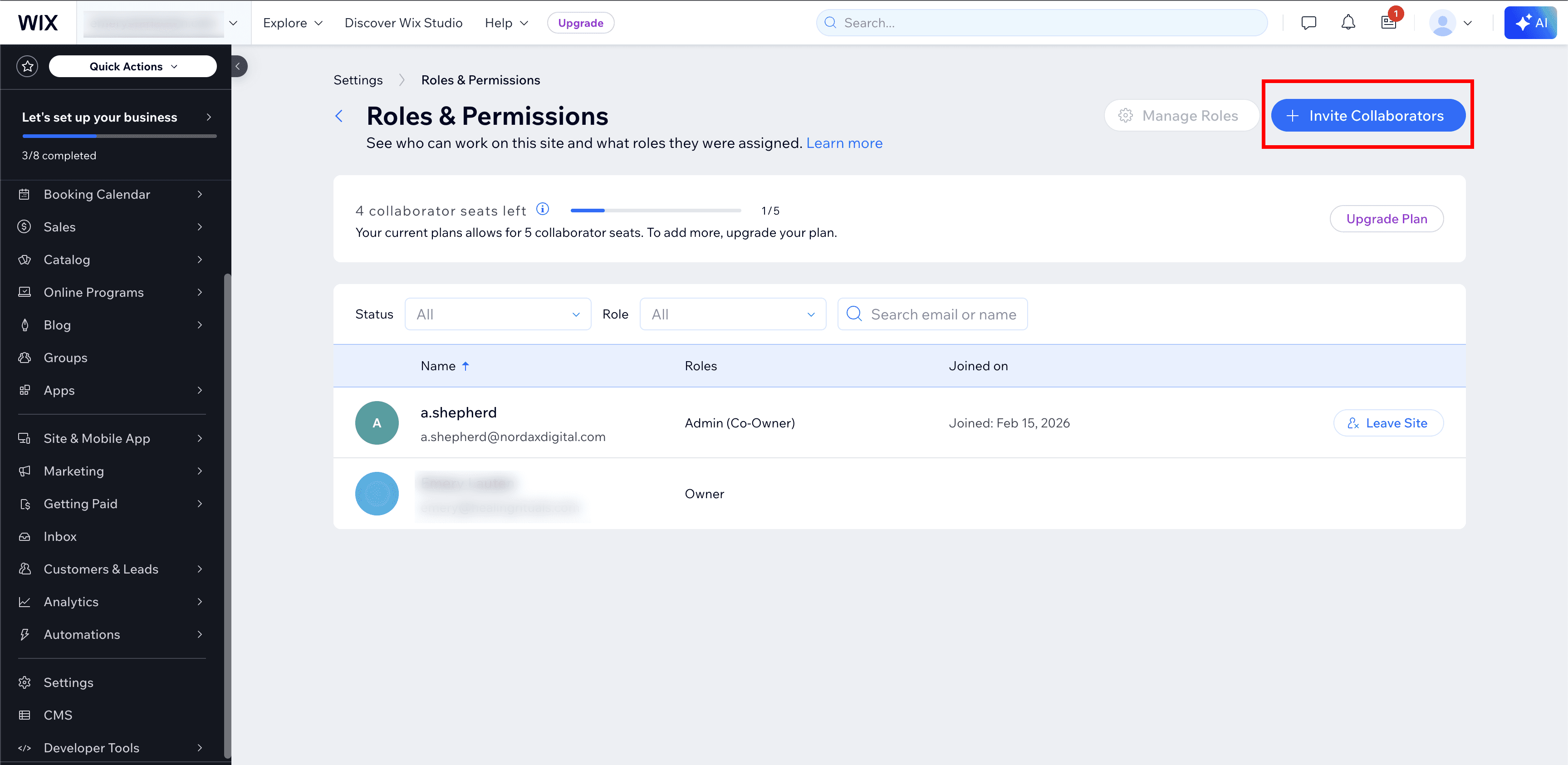 Roles & Permissions page — click Invite Collaborators