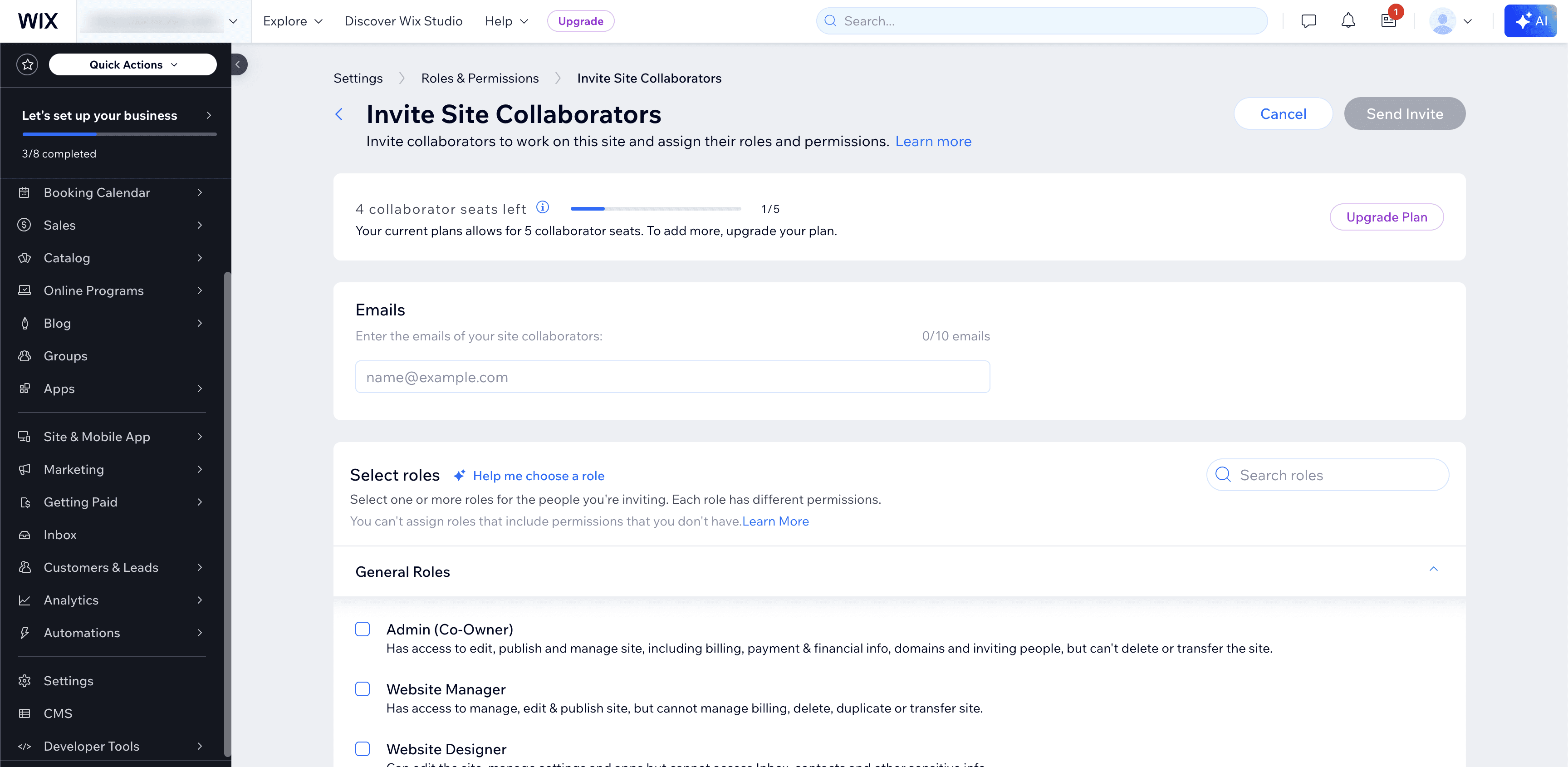 Invite Site Collaborators — enter email and select role