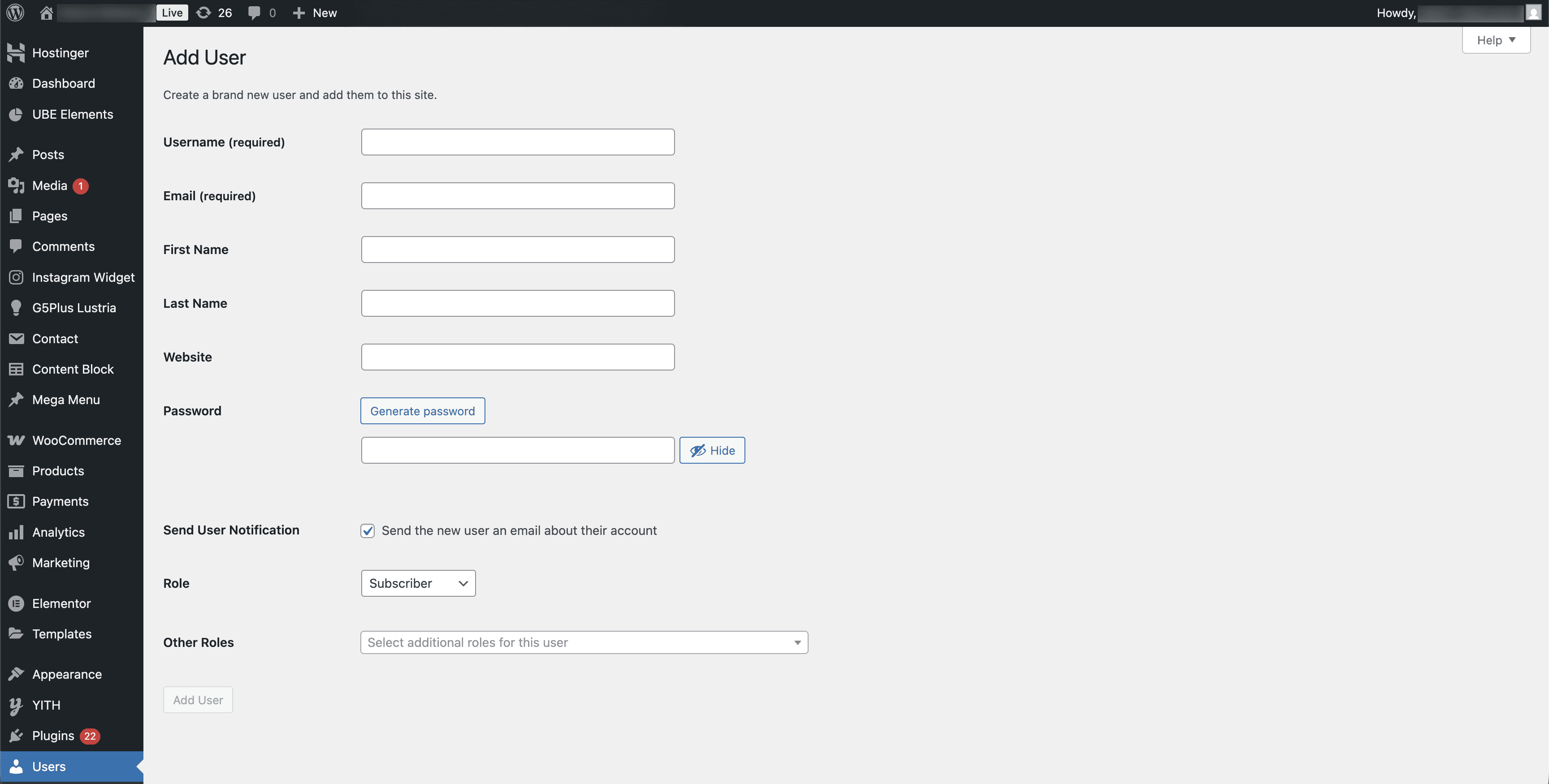 Add User form — fill in username, email, and password