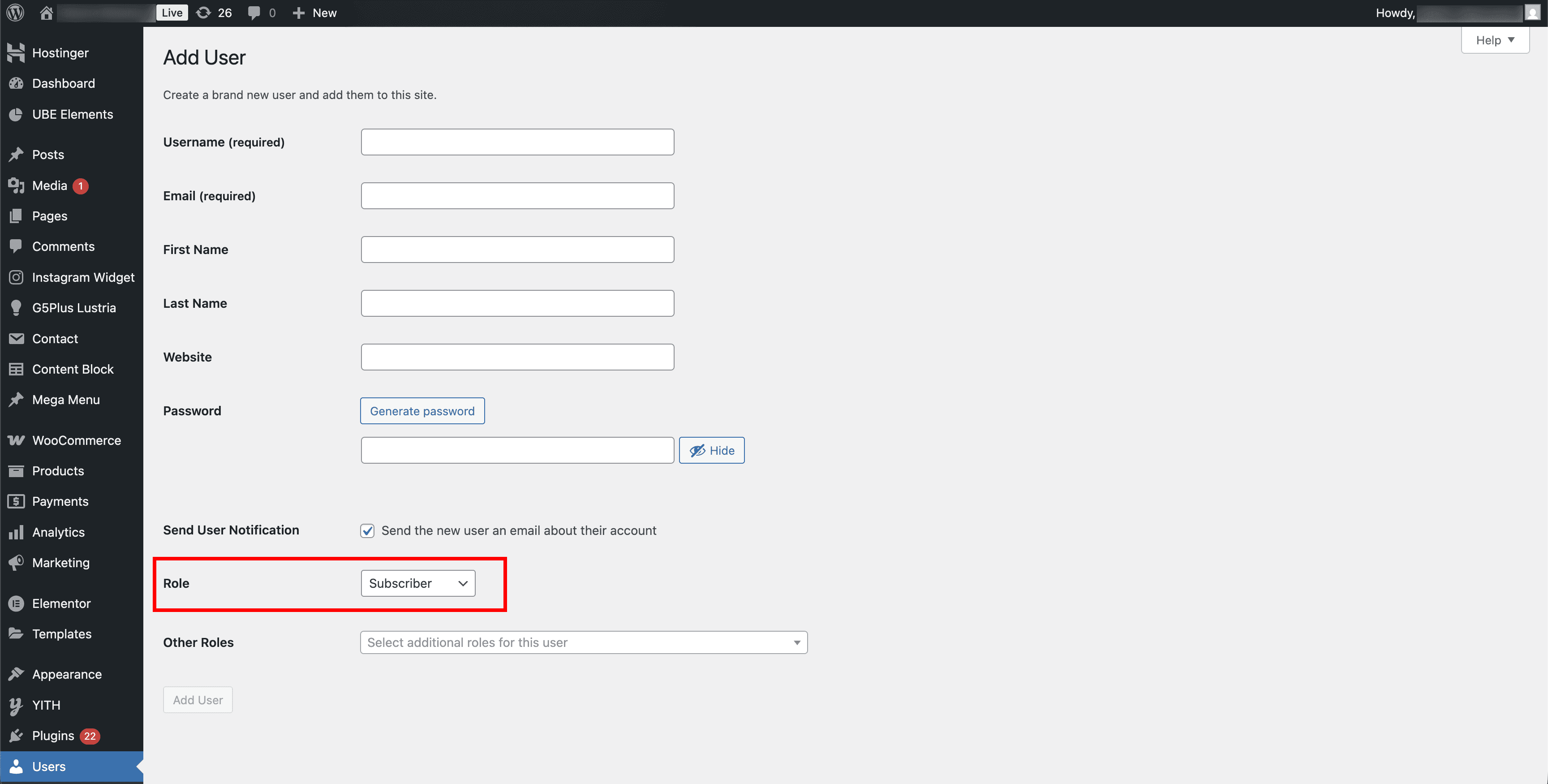 Role dropdown — select the appropriate role