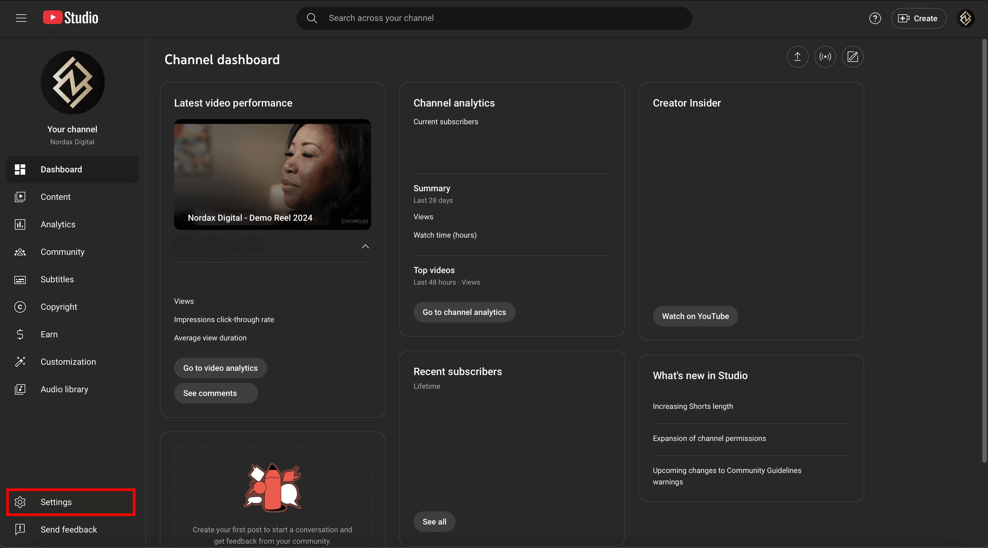 YouTube Studio settings menu