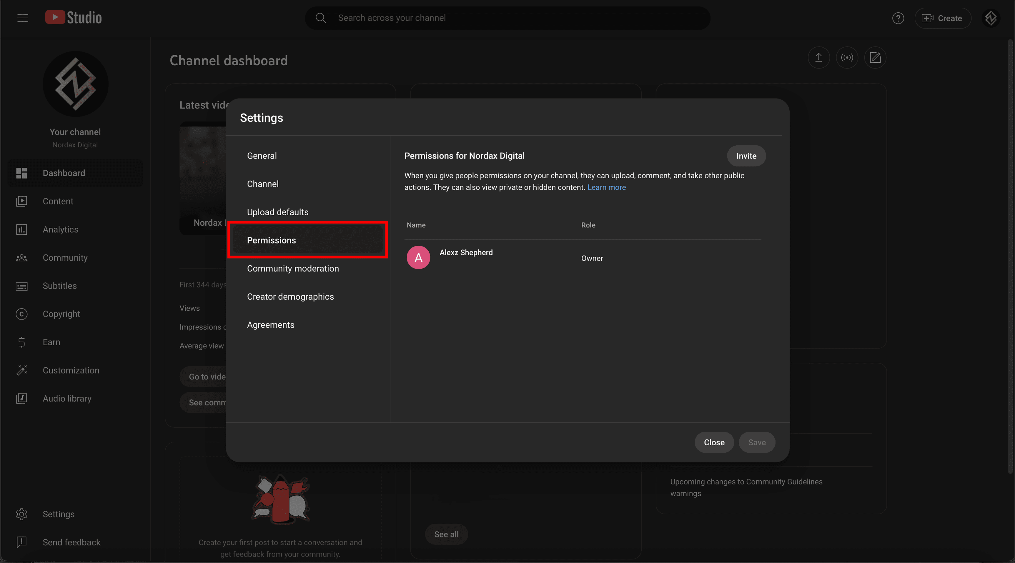Permissions tab in YouTube Studio settings