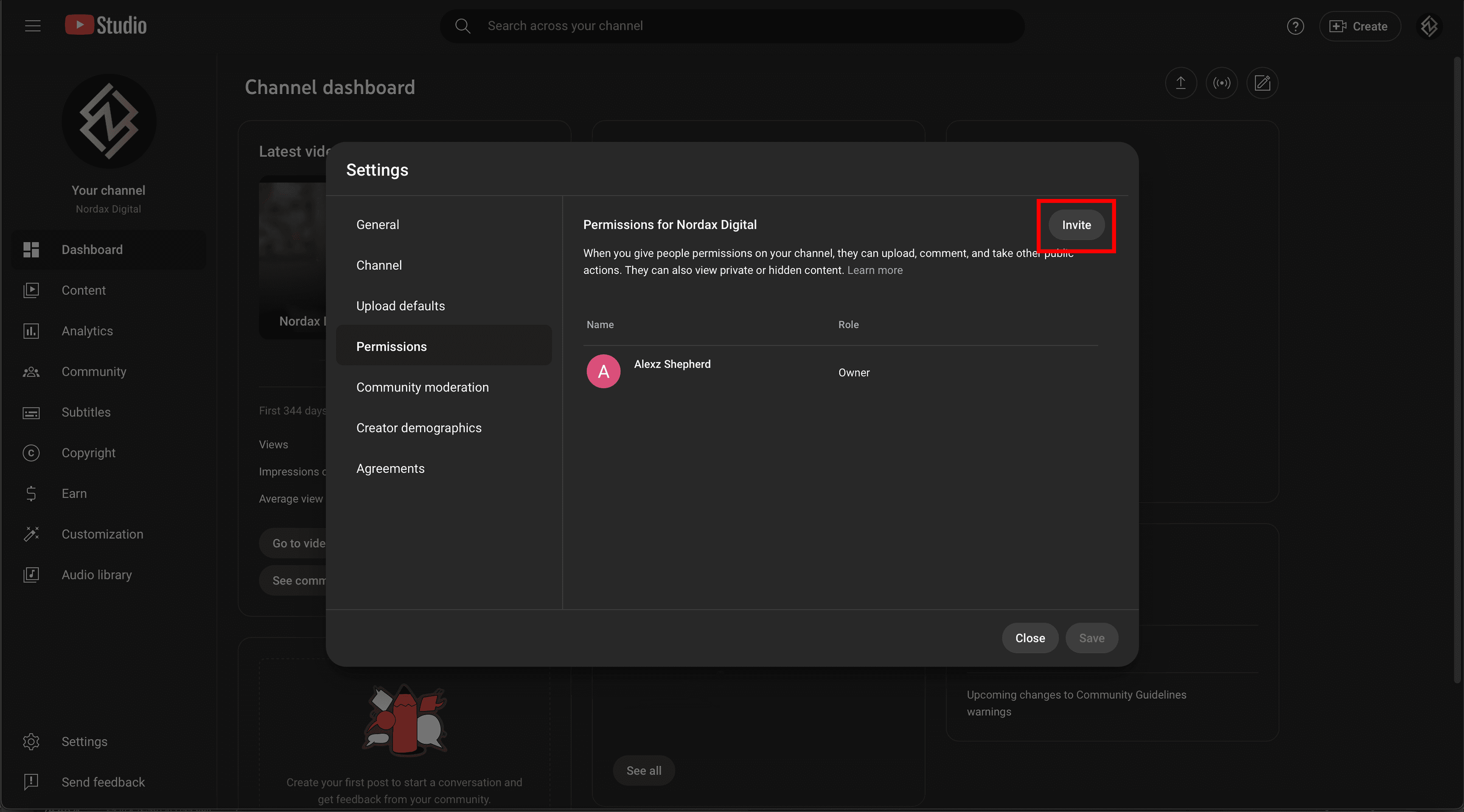 Invite button in YouTube Studio