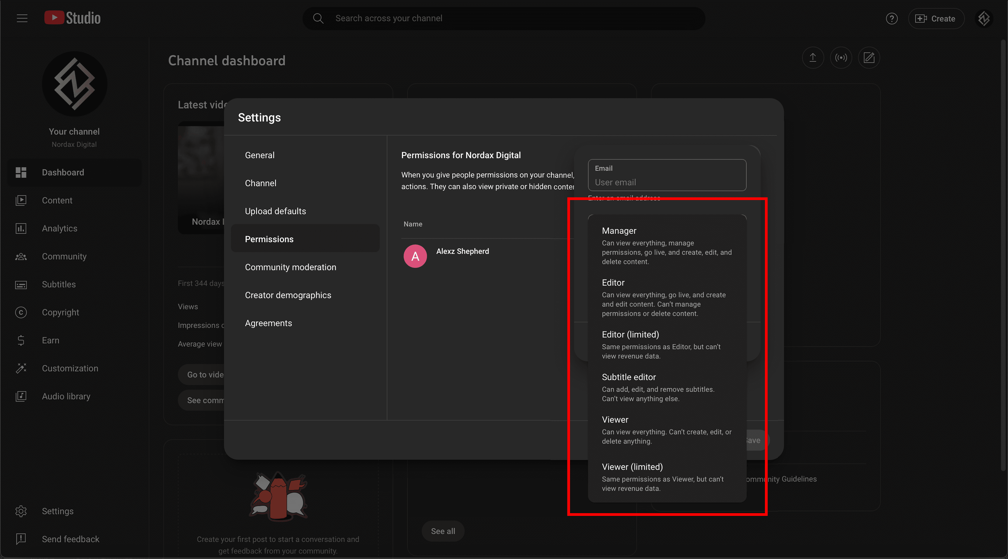 Choose YouTube channel permissions role
