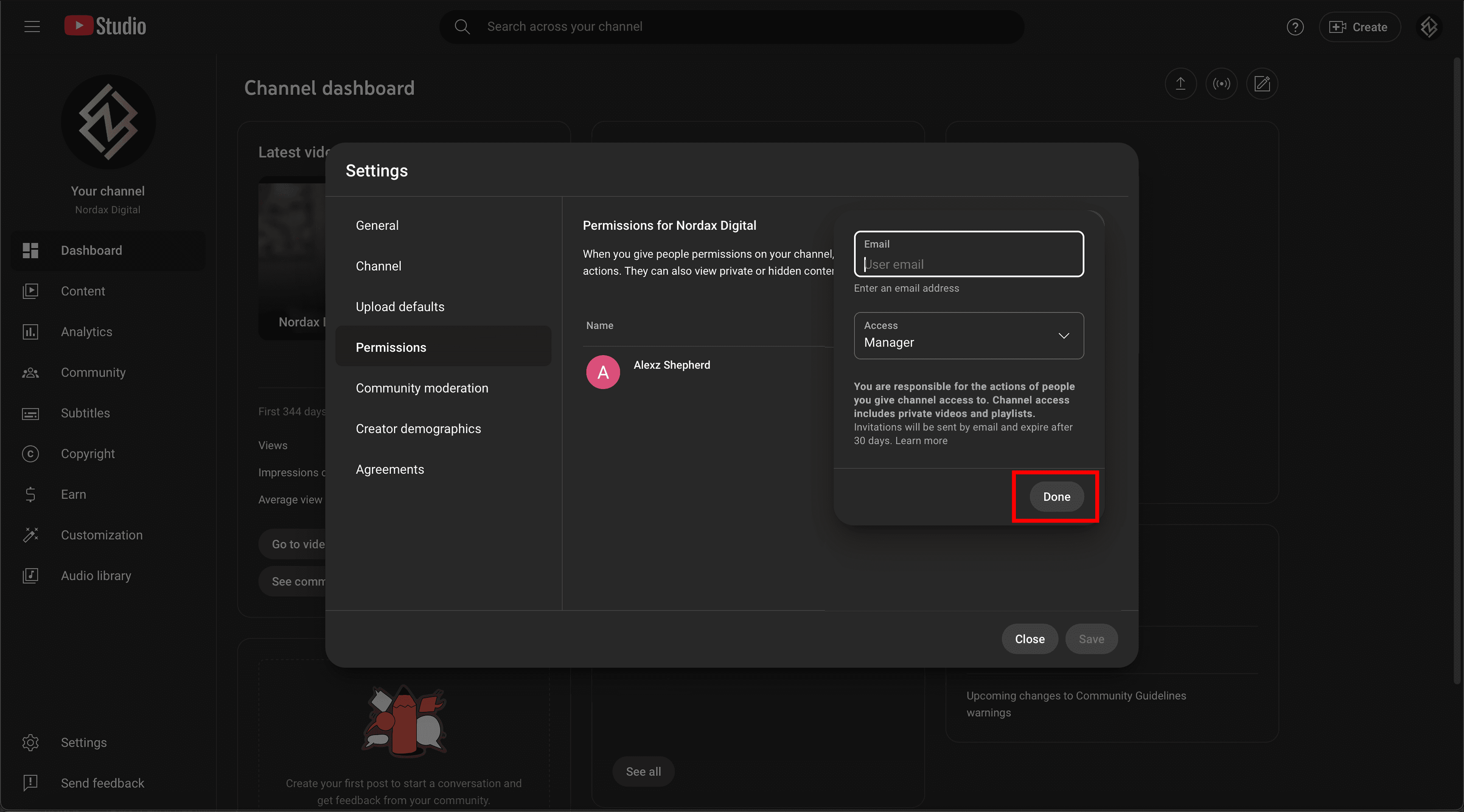 Send invite to add user to YouTube channel