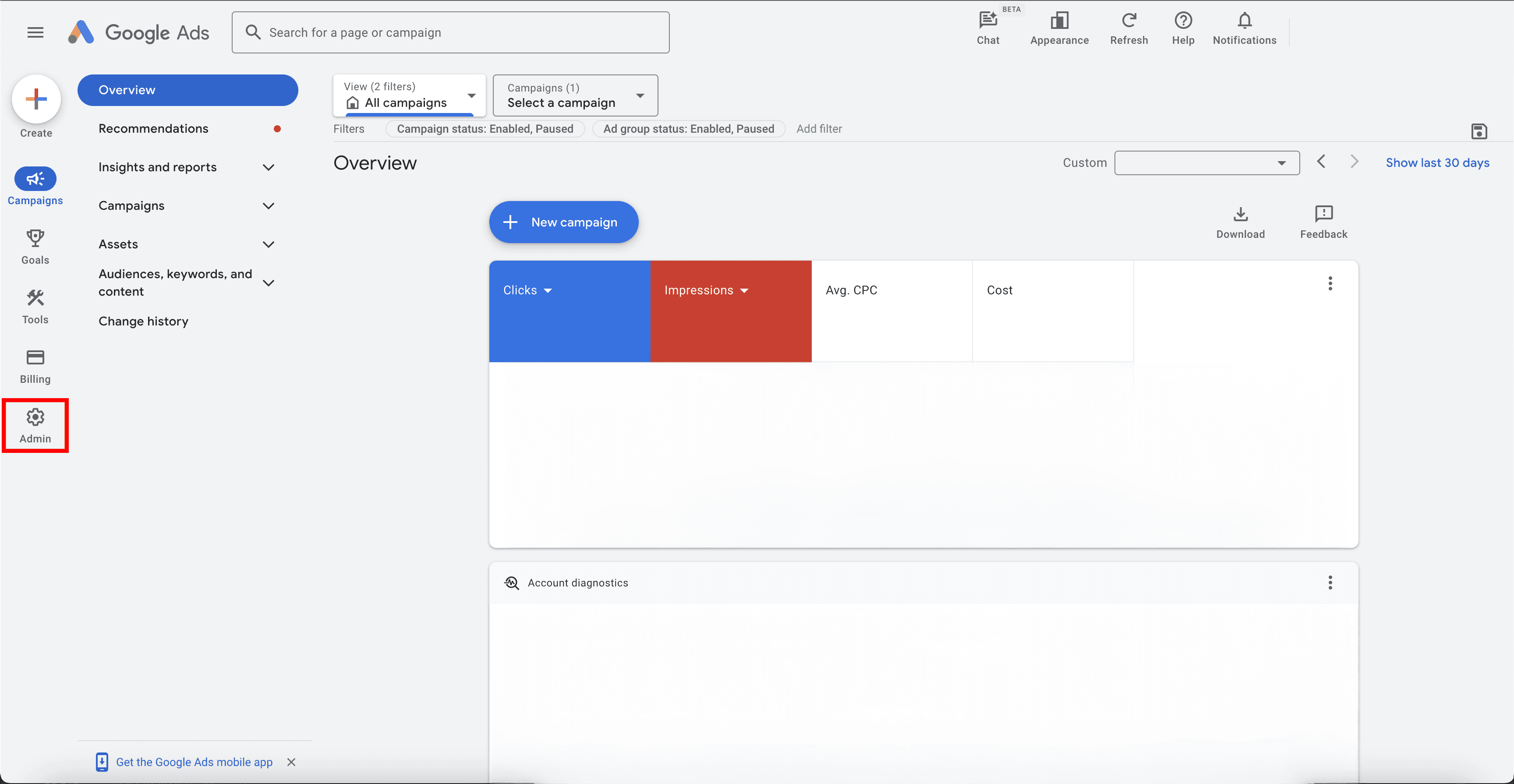 Google Ads dashboard with 'Admin' button highlighted