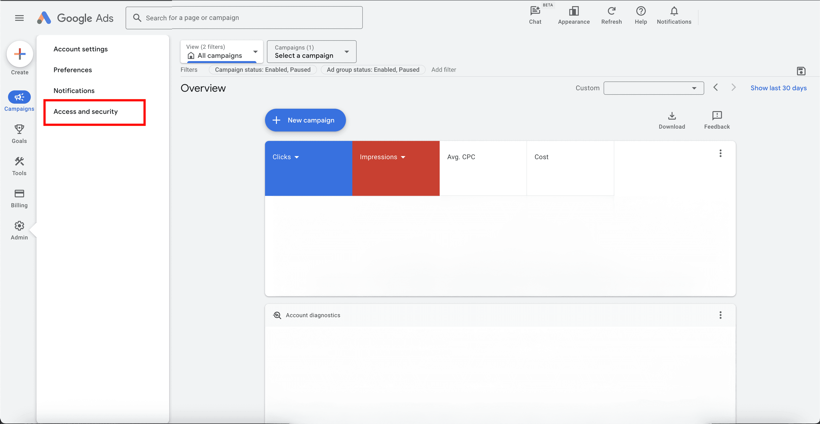 Admin submenu with 'Access and security' highlighted