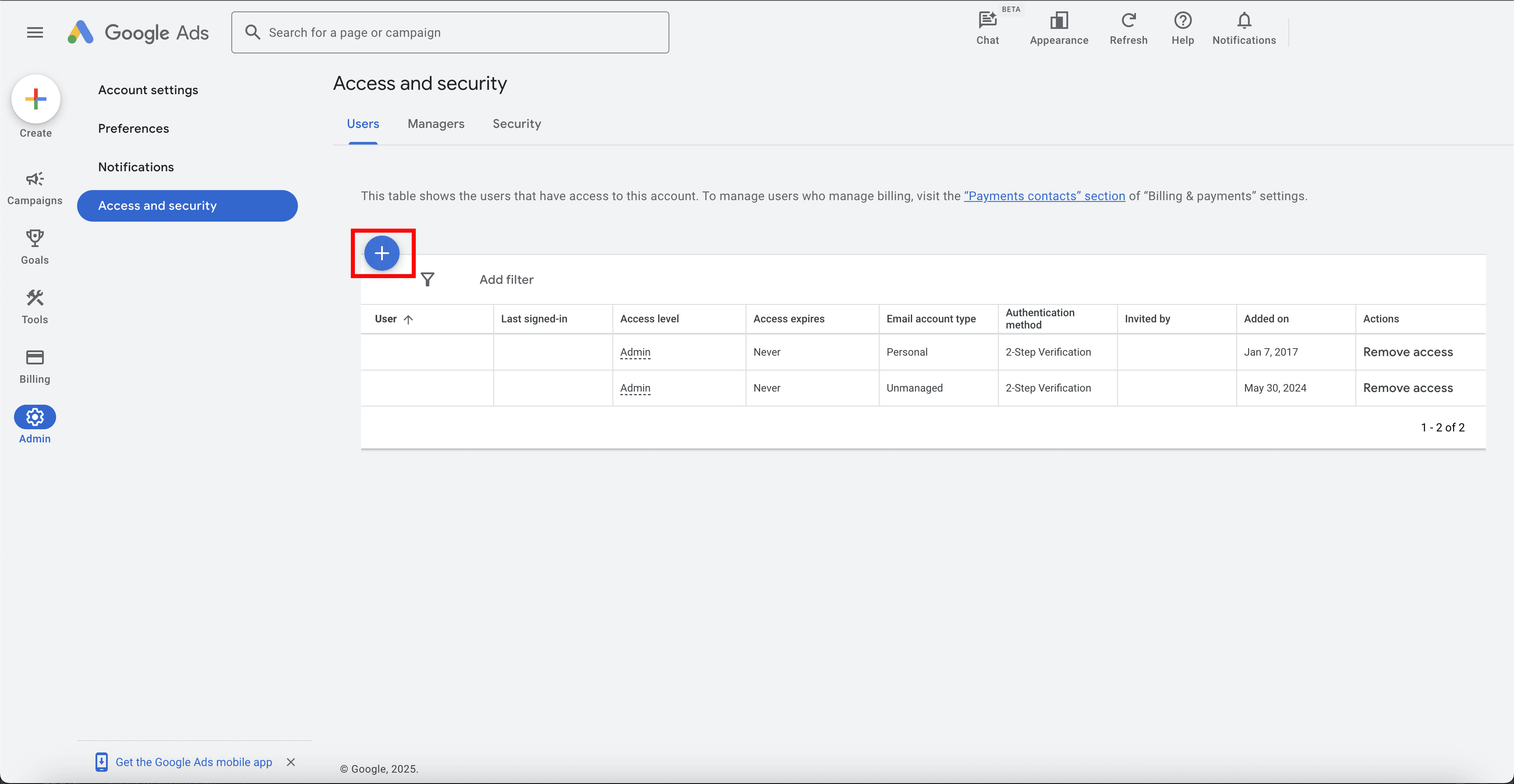Access and security screen showing the '+' button for adding a user
