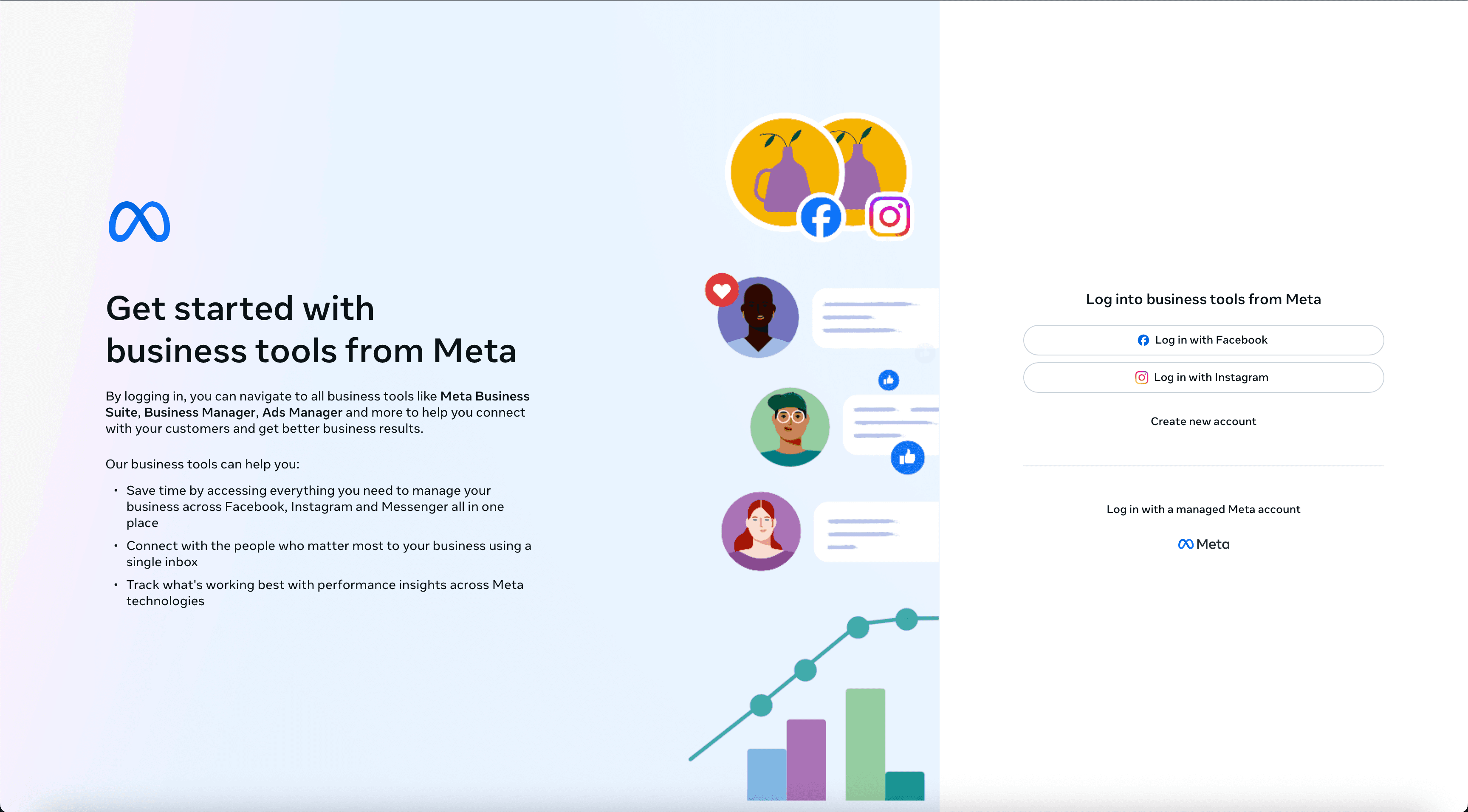 Login screen for Meta Business Suite with Facebook and Instagram options