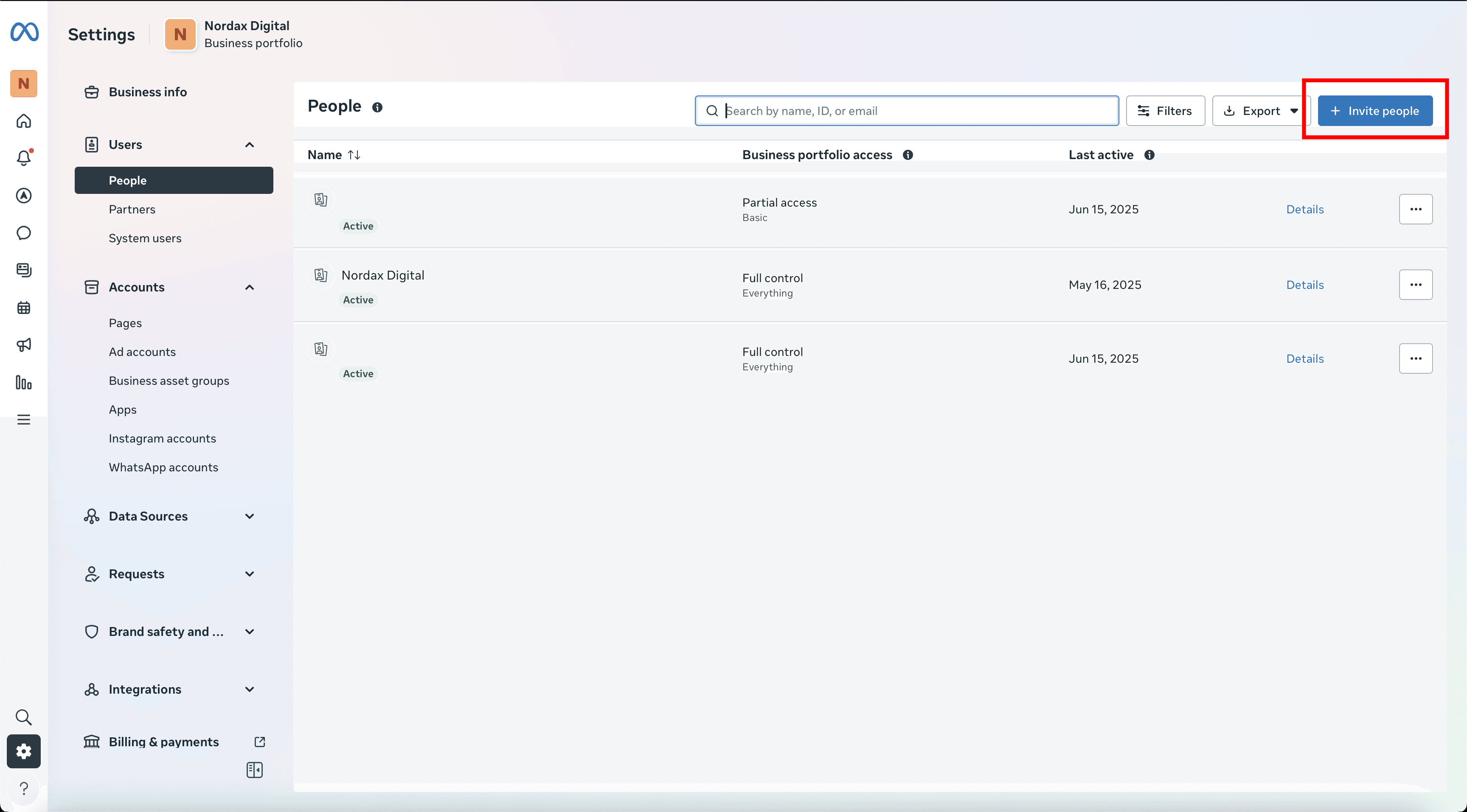Meta Business Suite interface showing the Invite People button