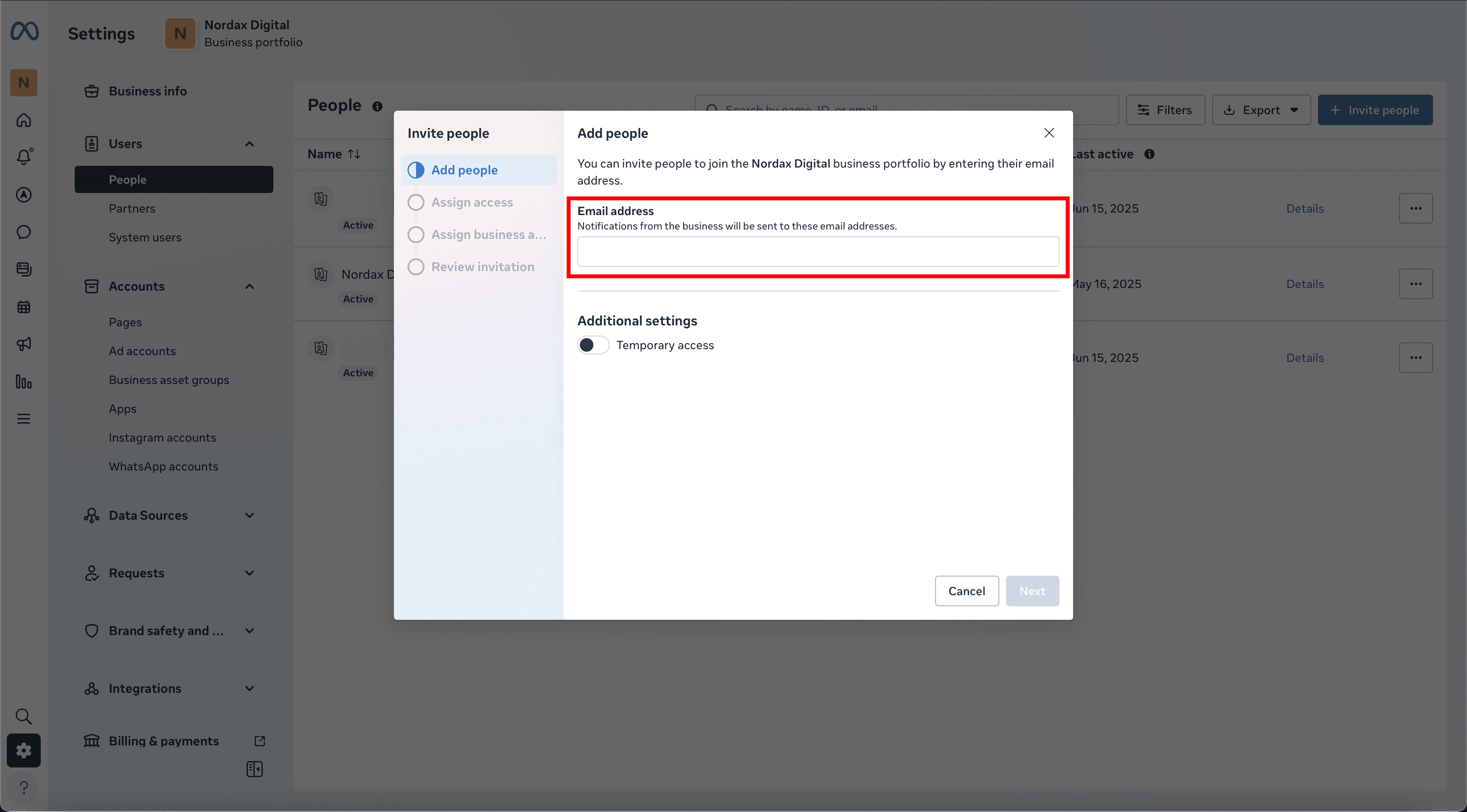 Meta form for entering email address and enabling temporary access