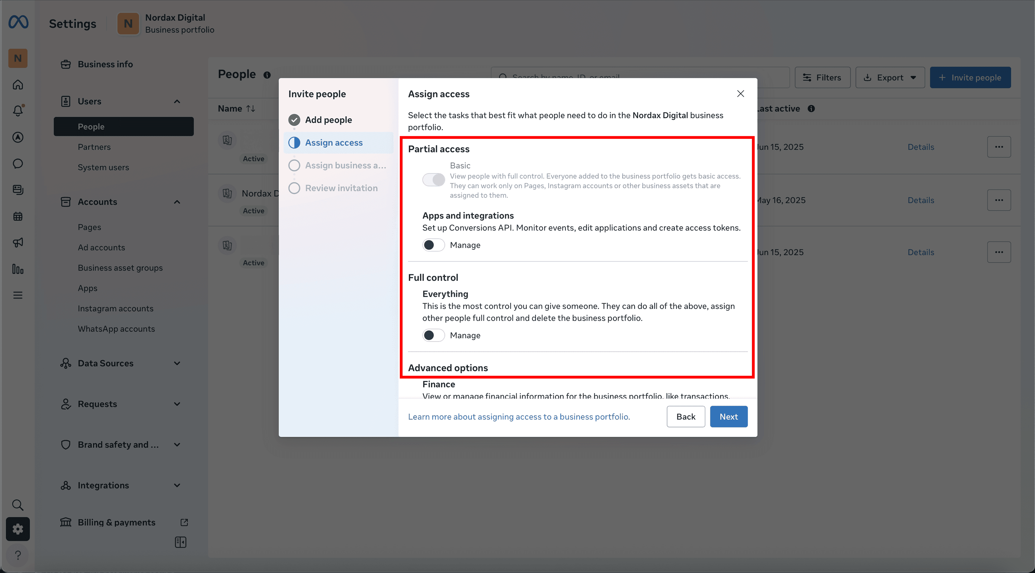 Meta access settings with options for Partial Access, Full Control, and Finance