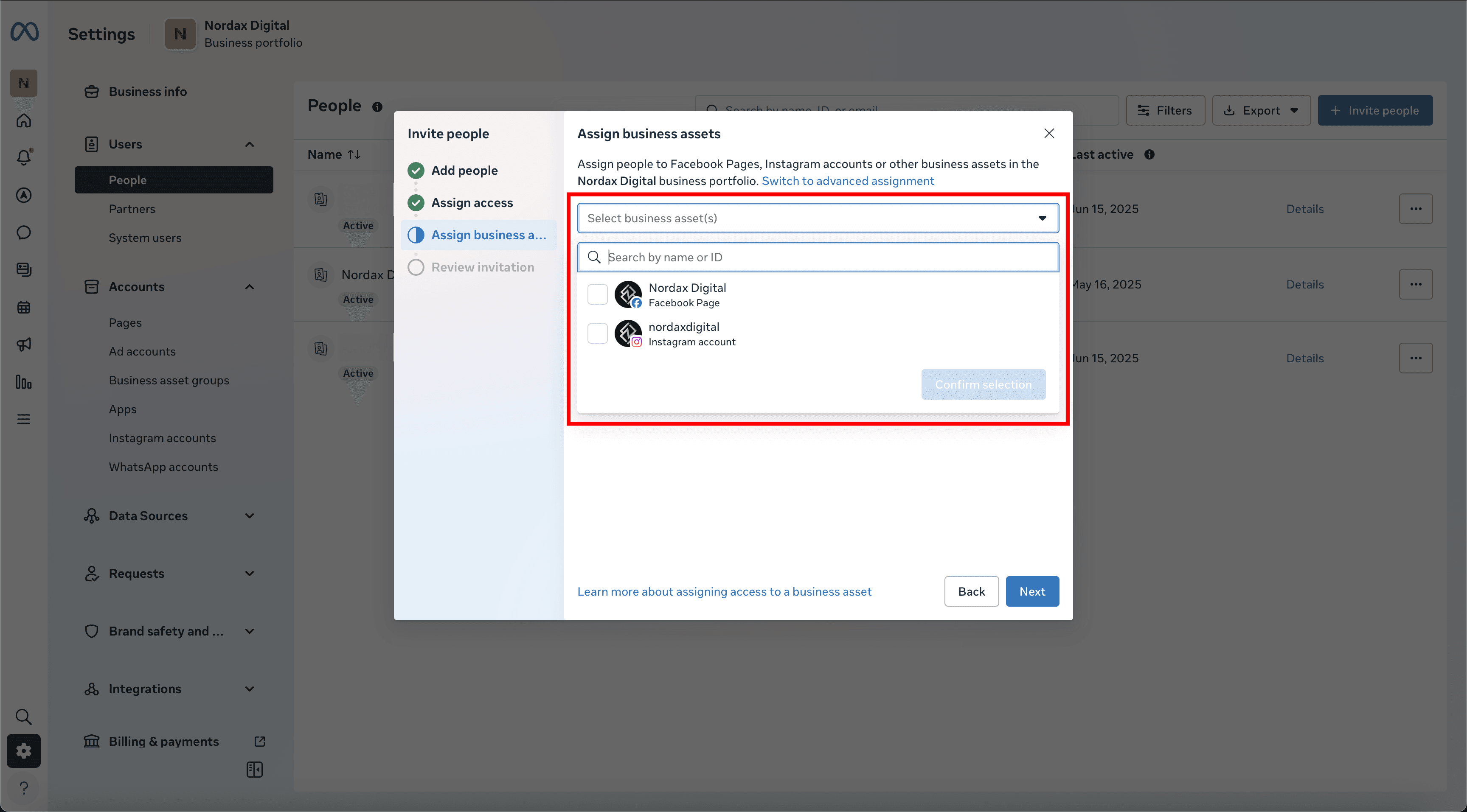 Asset selector showing Facebook and Instagram pages listed for selection
