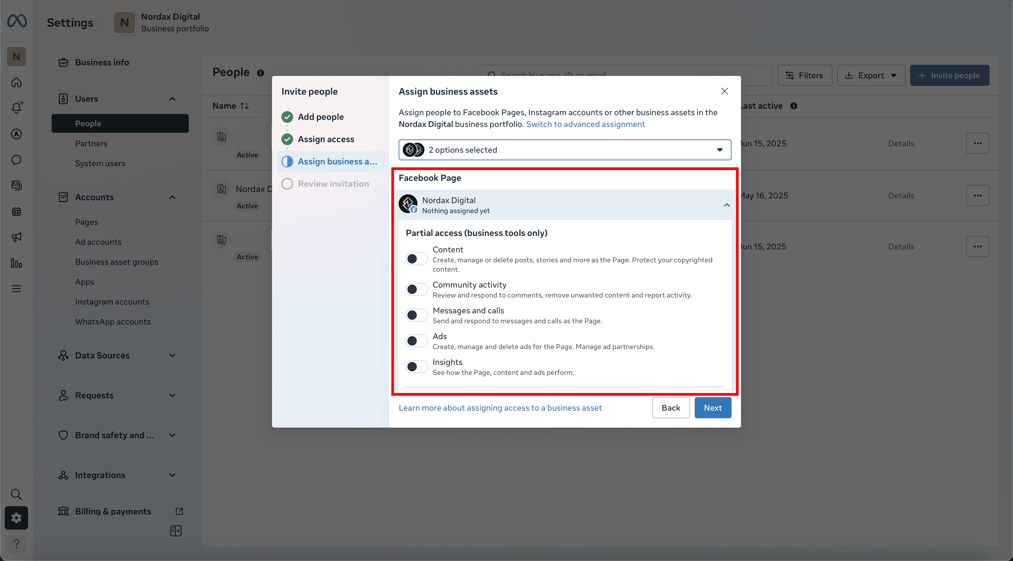 Permissions panel showing content, community activity, messages, ads, and insights toggles