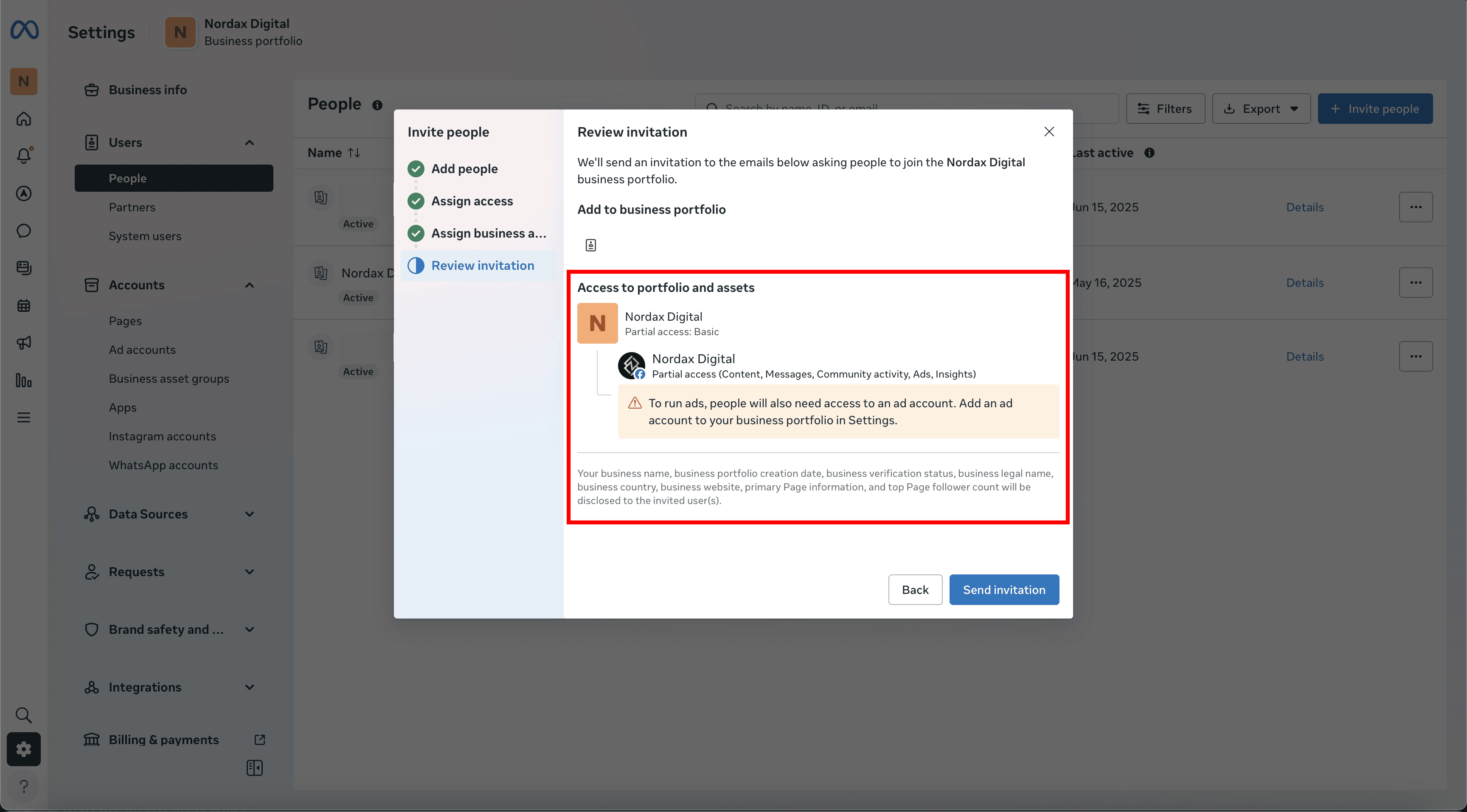 Final review screen before sending invitation in Meta Business Suite